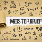 Grafik mit dem Schriftzug Meisterbrief und zahlreichen Business-Symbolen veranschaulicht Qualifikation und beruflichen Erfolg rund um den Gastronomie Meisterbrief.